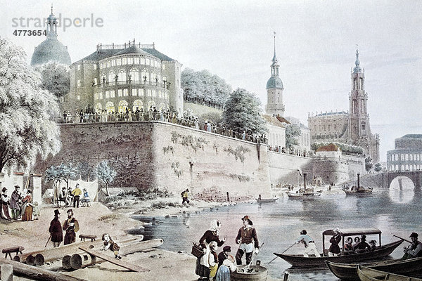 Dresden  Brühlsche Terrasse um 1850  historische Stadtansicht  Stahlstich aus dem 19. Jh.  Sachsen  Deutschland  Europa
