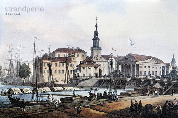 Königsberg  Börse  um 1850  historische Stadtansicht  Steindruck aus dem 19. Jh.  früher Ostpreußen  heute Kaliningrad  Russland  Europa