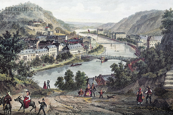 Bad Ems an der Lahn um 1865  historische Stadtansicht  Stahlstich  Rheinland-Pfalz  Deutschland  Europa