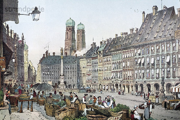 München  Schrannenplatz um 1835  historische Stadtansicht  Steindruck aus dem 19. Jh.  Bayern  Deutschland  Europa