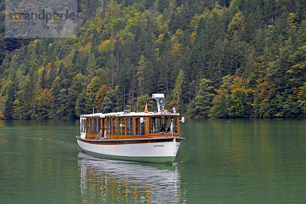 Ausflugsboot auf dem Königssee im Herbst  Berchtesgaden  Bayern  Deutschland  Europa