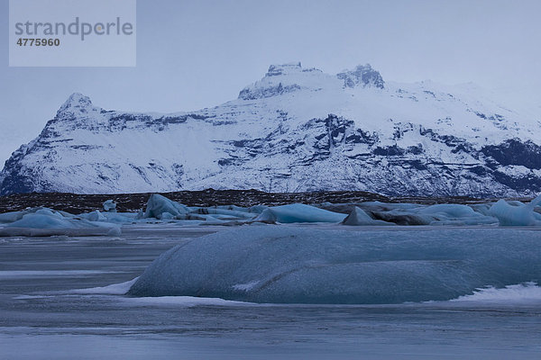 Eisberge im Meer mit schneebedecktem Berg dahinter  Jökulsarlon  Island  Europa