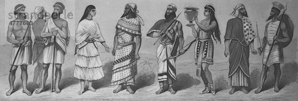 Szenen des Altertums  Persien  Araber  3  Phönizier  nordwestliche Asiaten  2  Frau aus Cypern  Phönizier  Philister  von links  historischer Stahlstich  1875