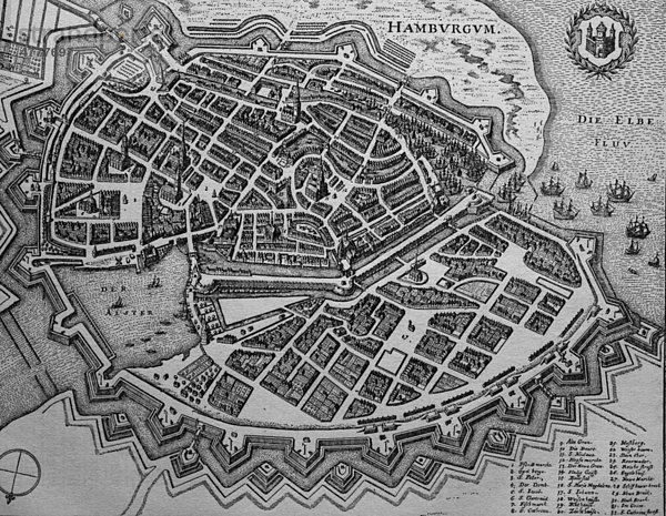 Stadtplan von Hamburg  Deutschland  im 17. Jahrhundert  historischer Stahlstich