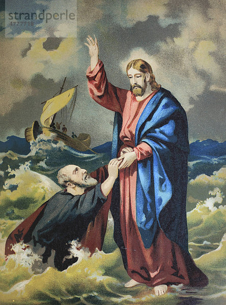 Jesus wandelt auf dem Meer  Chromolithographie aus einer Hausbibel  ca. 1870