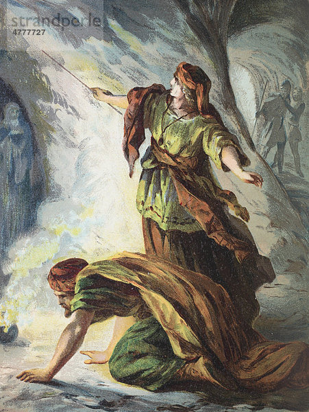 Saul bei dem Zauberweibe zu Endor  Hexe von Endor  Totenbeschwörerin  1. Buch Samuel der Bibel  Chromolithographie aus einer Hausbibel  ca. 1870