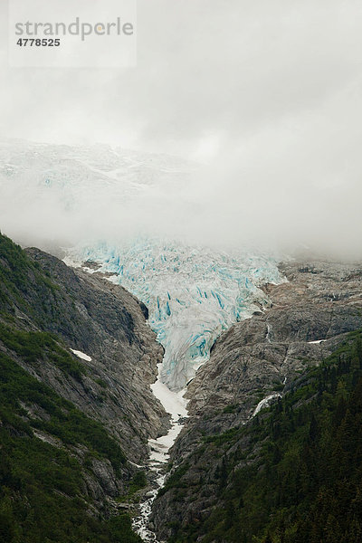 Irene Gletscher  blaues Eis  Morgenneben  Küstenregenwald  Chilkoot Trail  Chilkoot Pass  Alaska  USA