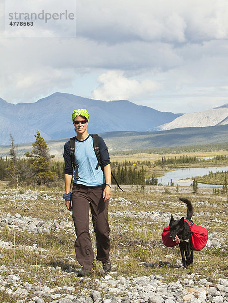 Junge Frau beim Wandern  Lastenhund  Alaskan Husky  Schlittenhund  trägt eine Hunde-Tasche  Rucksack  hinten Wind River und nördliche Mackenzie Mountains Gebirgskette  Yukon Territorium  Kanada