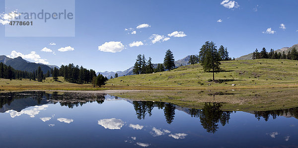 Hochmoorebene mit dem schwarzen See Lai Nair bei Tarasp und Vulpera  Scuol  Unterengadin  Graubünden  Schweiz  Europa