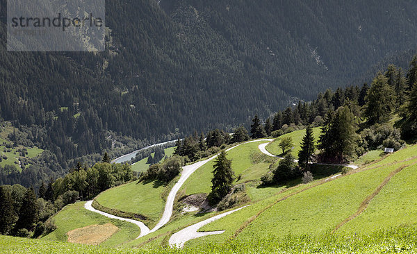 Berglandschaft mit Serpentinen bei Vn·  Blick in das Inntal  Unterengadin  Graubünden  Schweiz  Europa