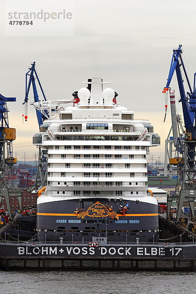 Schiff  Kreuzfahrtschiff Disney Dream im Dock Elbe 17 der Blohm + Voss Werft auf der Elbe im Hamburger Hafen  Hamburg  Deutschland  Europa