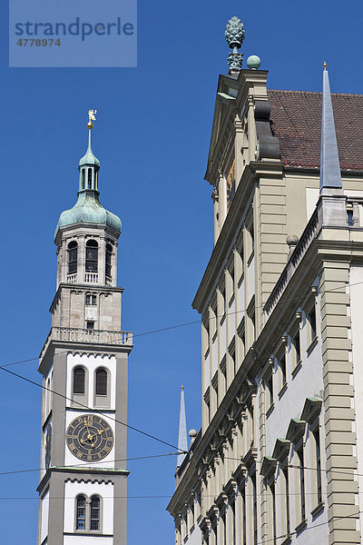 Perlachturm und Fassade Rathaus  Augsburg  Bayern  Deutschland  Europa