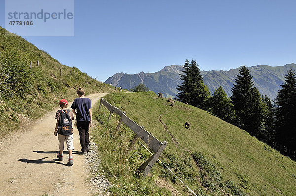 Zwei Jungs beim Wandern  Söllereck  Allgäuer Alpen  Bayern  Deutschland  Europa