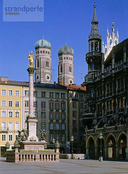 Marienplatz mit Mariensäule  Neuem Rathaus und Türme der Frauenkirche  München  Oberbayern  Bayern  Deutschland  Europa