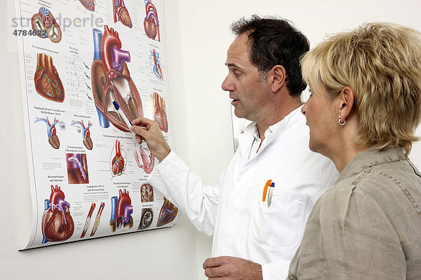 Arztpraxis  Arzt im Gespräch mit einer Patientin  erklärt ihr die Funktionsweise und mögliche Erkrankungen des Herzens