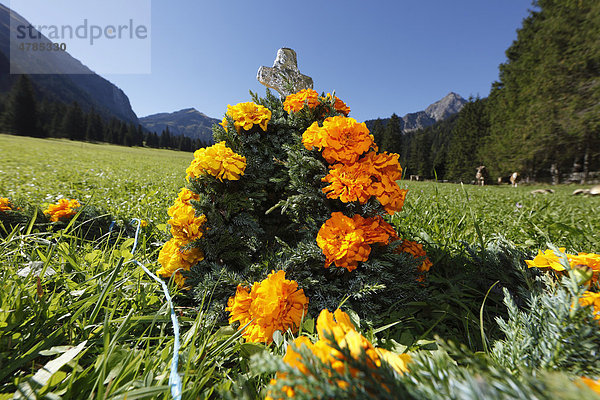 Krone für Leitkuh liegt zum Schmücken auf Wiese bereit  Almabtrieb  Tannheim  Tannheimer Tal  Tirol  Österreich  Europa