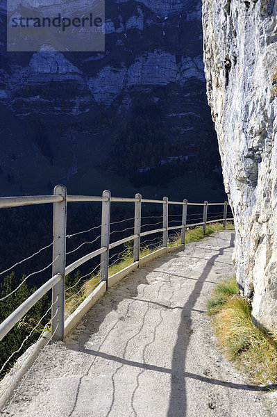 Gesicherter Wanderpfad entlang dem Felsen der Ebenalp zwischen Wildkirchli und Berggasthaus Äscher  Kanton Appenzell-Innerrhoden  Schweiz  Europa