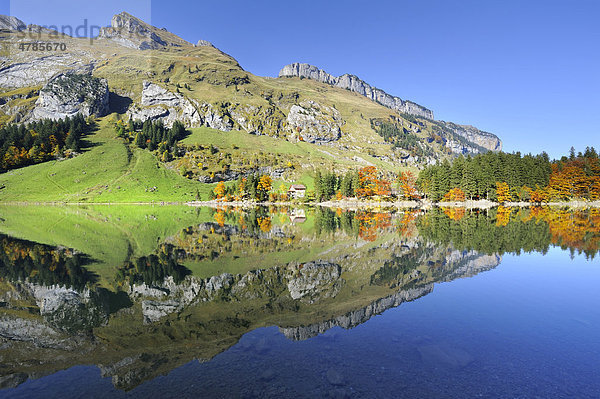 Der Schäfler  Füessler  Zisler und die Ebenalp spiegeln sich im 1143 Meter hoch gelegenen Seealpsee  Kanton Appenzell-Innerrhoden  Schweiz  Europa