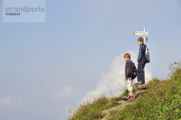 Zwei Jungs beim Wandern  Nebelhorn  Allgäuer Alpen  Bayern  Deutschland  Europa