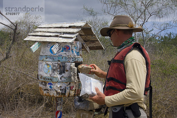 Mann schaut in einen Briefkasten in Fass-Form  Post Office Bay  errichtet 1792 von Walfängern und diente als primitive Poststelle  Insel Floreana  Galapagos-Inseln  Pazifik