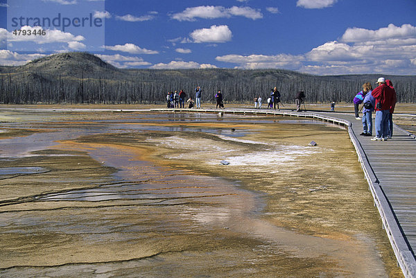 Heiße Quellen  Holzweg und Touristen  Grand Prismatic Spring  Yellowstone Nationalpark  Wyoming  USA