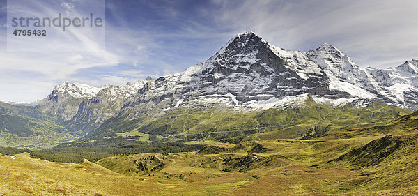 Panoramablick zum Jungfraumassiv mit dem Wetterhorn  Schreckhorn  Eiger  Mönch und Jungfrau  Kanton Bern  Schweiz  Europa