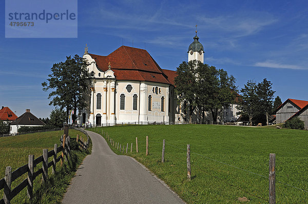Wieskirche mit Weiden und blauem Himmel  Wies 12  Steingaden  Oberbayern  Bayern  Deutschland  Europa
