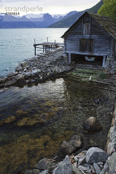 Fischerhütte am Fjord Sognefjorden  Norwegen  Skandinavien  Europa