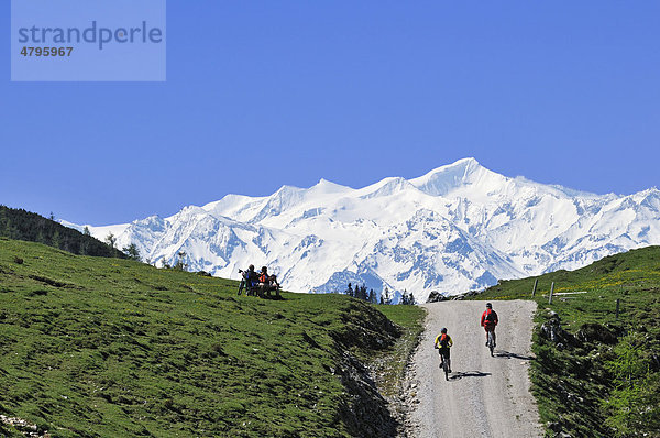Mountainbiker auf dem Eggenalmkogel  hinten die Hohen Tauern  Reit im Winkl  Bayern  Deutschland  Tirol  Österreich  Europa
