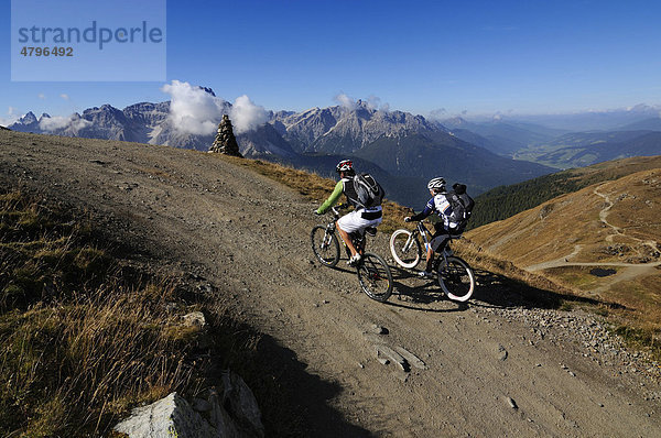 Mountainbiker auf dem Karnischen Höhenweg  Helm  Hochpustertal  Südtirol  Dolomiten  Italien  Europa