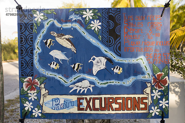 Werbeschild  Excursions  Ausflüge  Rangiroa  Tuamotu-Archipel  Französisch-Polynesien  Süd-Pazifik