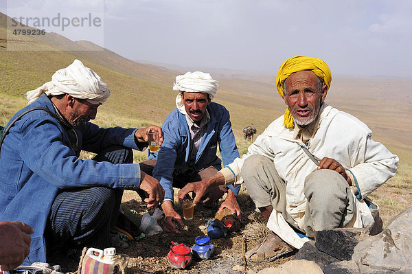 Drei reisende Männer mit Turban bei einer Teepause im Hohen Atlas  Marokko  Afrika