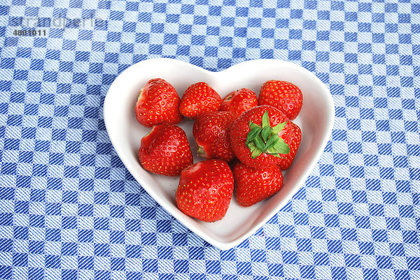 Erdbeeren  herzförmige Schale aus Porzellan  Tischdecke  kariert