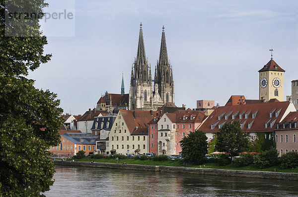 Altstadt  Blick über die Donau  Weinlände  alter Rathausturm und Dom  UNESCO Weltkulturerbe Regensburg  Ostpfalz  Bayern  Deutschland  Europa