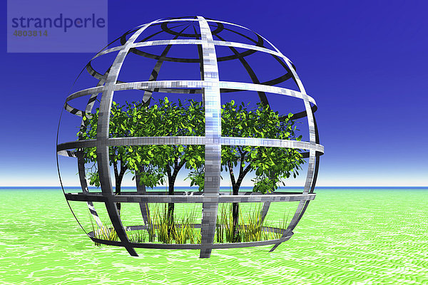 Umweltschutz  drei Bäume in Gitterkugel  3D Grafik