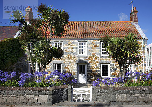 Typisches Guernsey Haus aus massivem Stein und Granit  mit vielen Blumen und Pflanzen  Guernsey  Kanalinseln  Europa