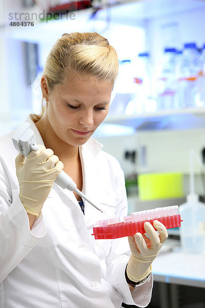 Biotechnologisches Labor  eine Mitarbeiterin pipettiert eine DNA-Lösung in verschiedene Reaktionsgefäße  Zentrum für medizinische Biotechnologie der Universität Duisburg-Essen  Nordrhein-Westfalen  Deutschland  Europa