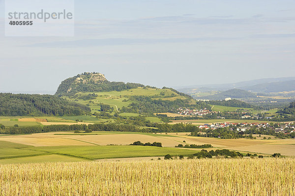 Blick über Getreidefelder im Hegau  am Horizont der Hohentwiel  Landkreis Konstanz  Baden-Württemberg  Deutschland  Europa
