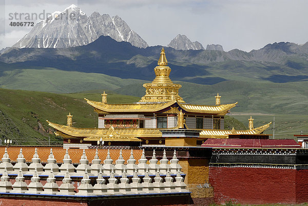 Goldene Dächer und Chörten eines tibetischen Klosters im Grasland von Tagong vor dem Schneeberg Mount Zhara Lhatse  5820m  Kloster Lhagang  Lhagang Gompa  Tagong  Sichuan  China  Asien