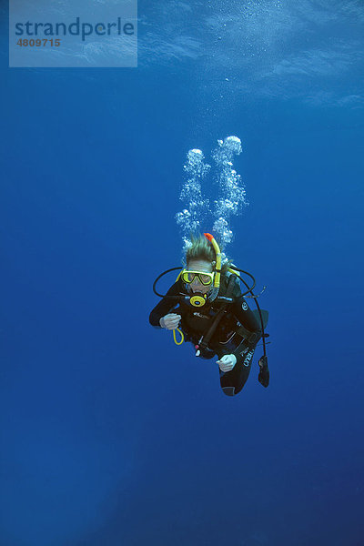 Eine Taucherin im Roten Meer beim Abtauchen im Blauwasser  Marsa Alam  Rotes Meer  Ägypten  Afrika