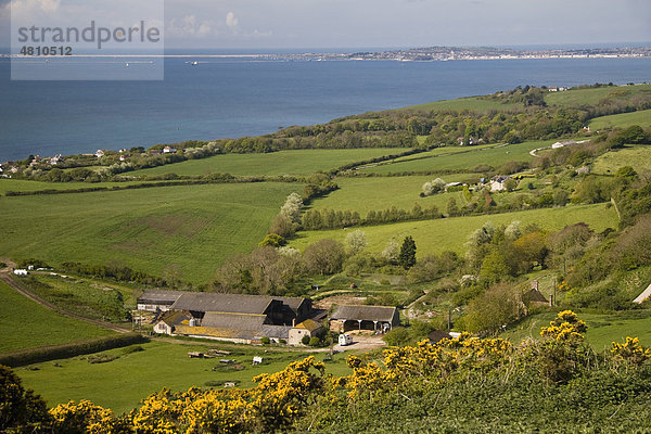 Blick auf die Küstenlandschaft mit landwirtschaftlichen Gebäuden  Feldern und Weymouth in der Ferne  Dorset  England  Großbritannien  Europa