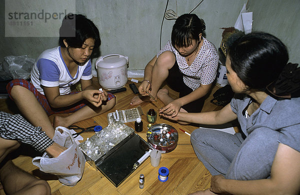 Kragenbär (Selenarctos thibetanus)  Gallenflüssigkeit wird für Versand in Fläschchen abgefüllt  auf Bärenfarm  Hanoi  Vietnam  Südostasien  Asien