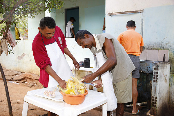Kleinbauer rupfen ein Hühnchen  Beschäftigungsinitiative für Alkoholkranke  Crato  Bundesstaat Pernambuco  Brasilien  Südamerika