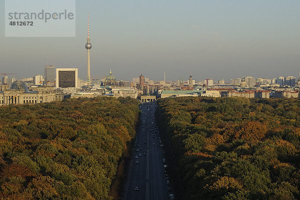 Blick auf den herbstlichen Tiergarten mit Straße des 17. Juni  Skyline von Berlin Mitte  Deutschland  Europa