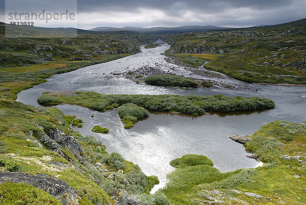 Wilder Gebirgsfluss auf einer Hochebene der Hardangervidda  Norwegen  Europa