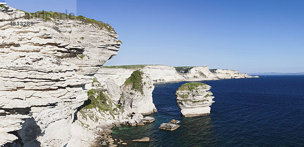 Kreidefelsen und der alleinstehende Fels Grain de Sable  Straße von Bonifacio  Korsika  Frankreich  Europa