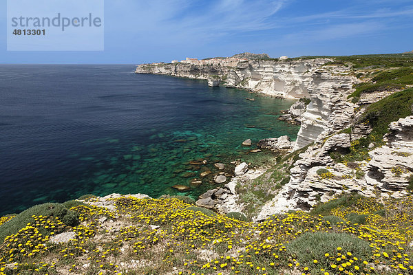 Felsenküste mit Blick nach Bonifacio  Straße von Bonifacio  Korsika  Frankreich  Europa