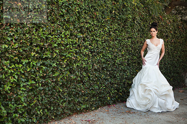 Junge Frau im Brautkleid  an der Hecke stehend