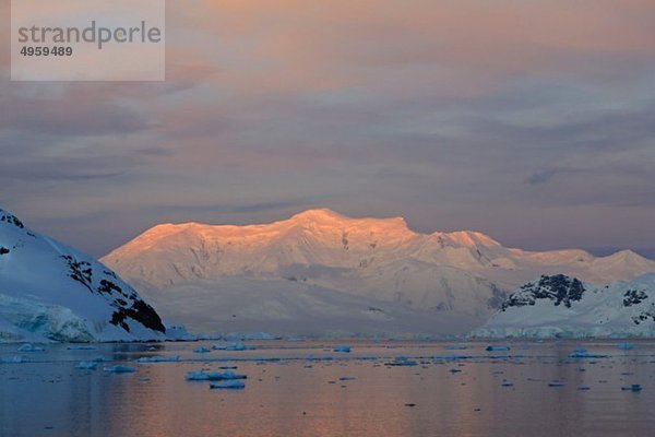 Südatlantik  Antarktis  Antarktische Halbinsel  Lemaire-Kanal  Blick auf schneebedeckte Bergkette bei Sonnenaufgang