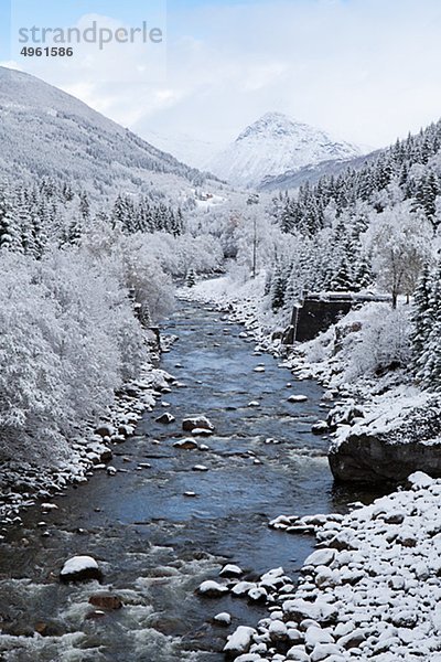 Ansicht von Stream und Schnee bedeckt Bäume  Stordal  Norwegen.